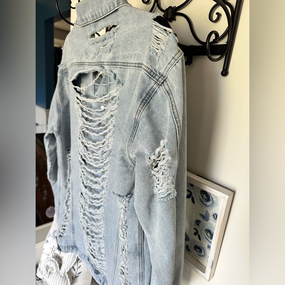 Umgee Light Blue Distressed Denim Jacket Oversized - Picture 6 of 7